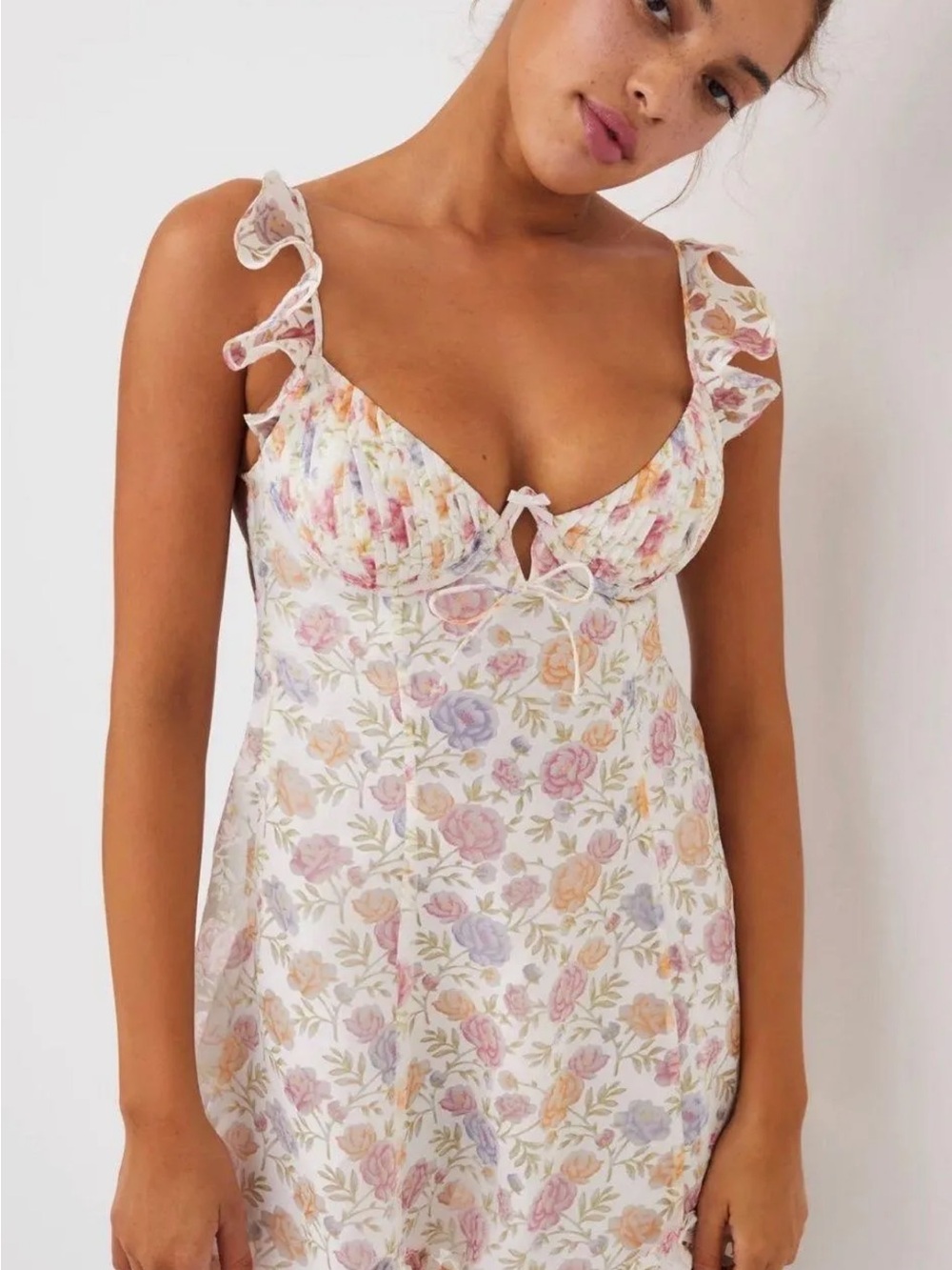 For Love & Lemons Pastel Floral Ruffle-Shoulder Chemise - White Multi